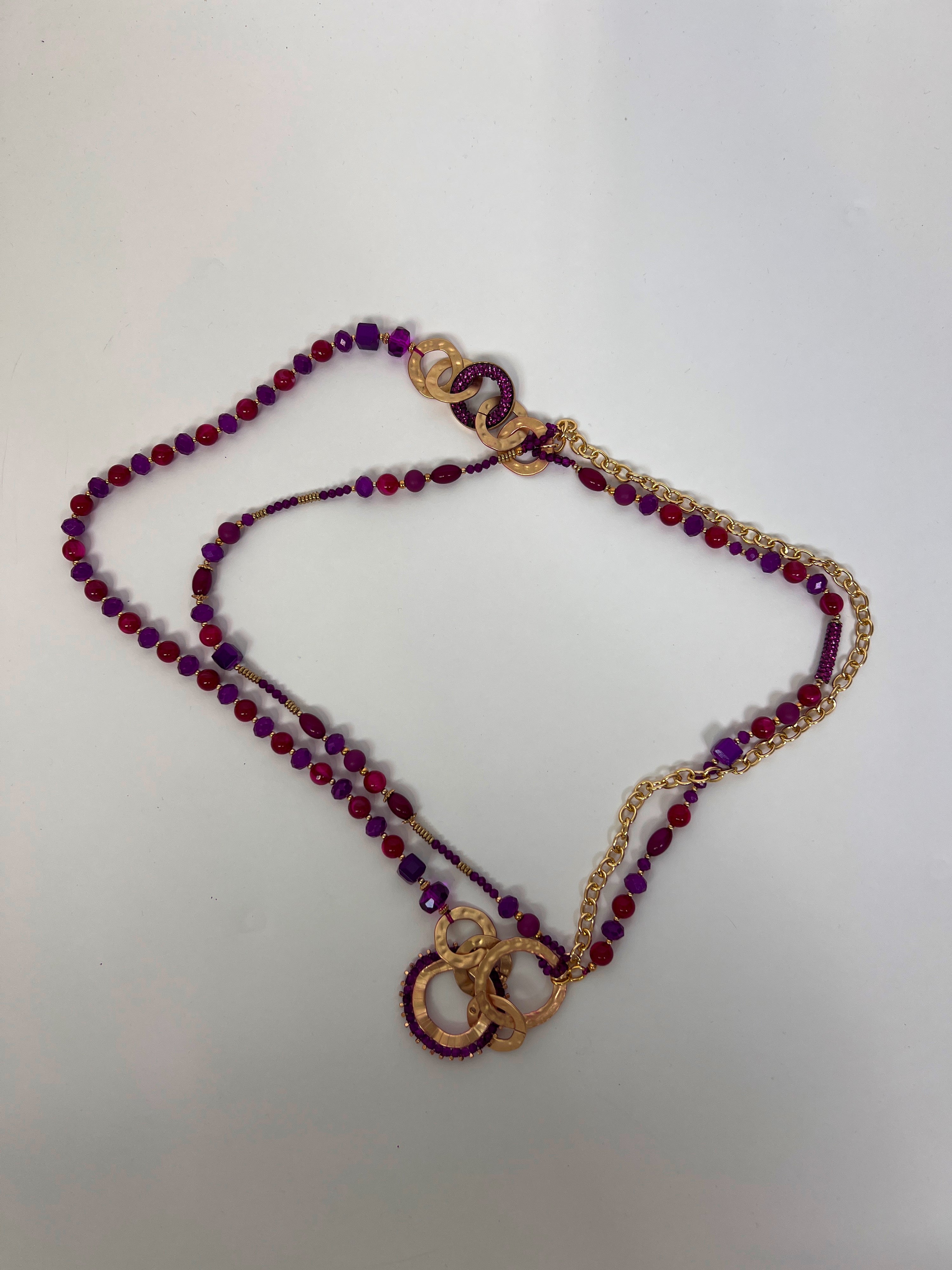 Purple & Red Beaded Necklace with Gold Chain and Interlocking Rings