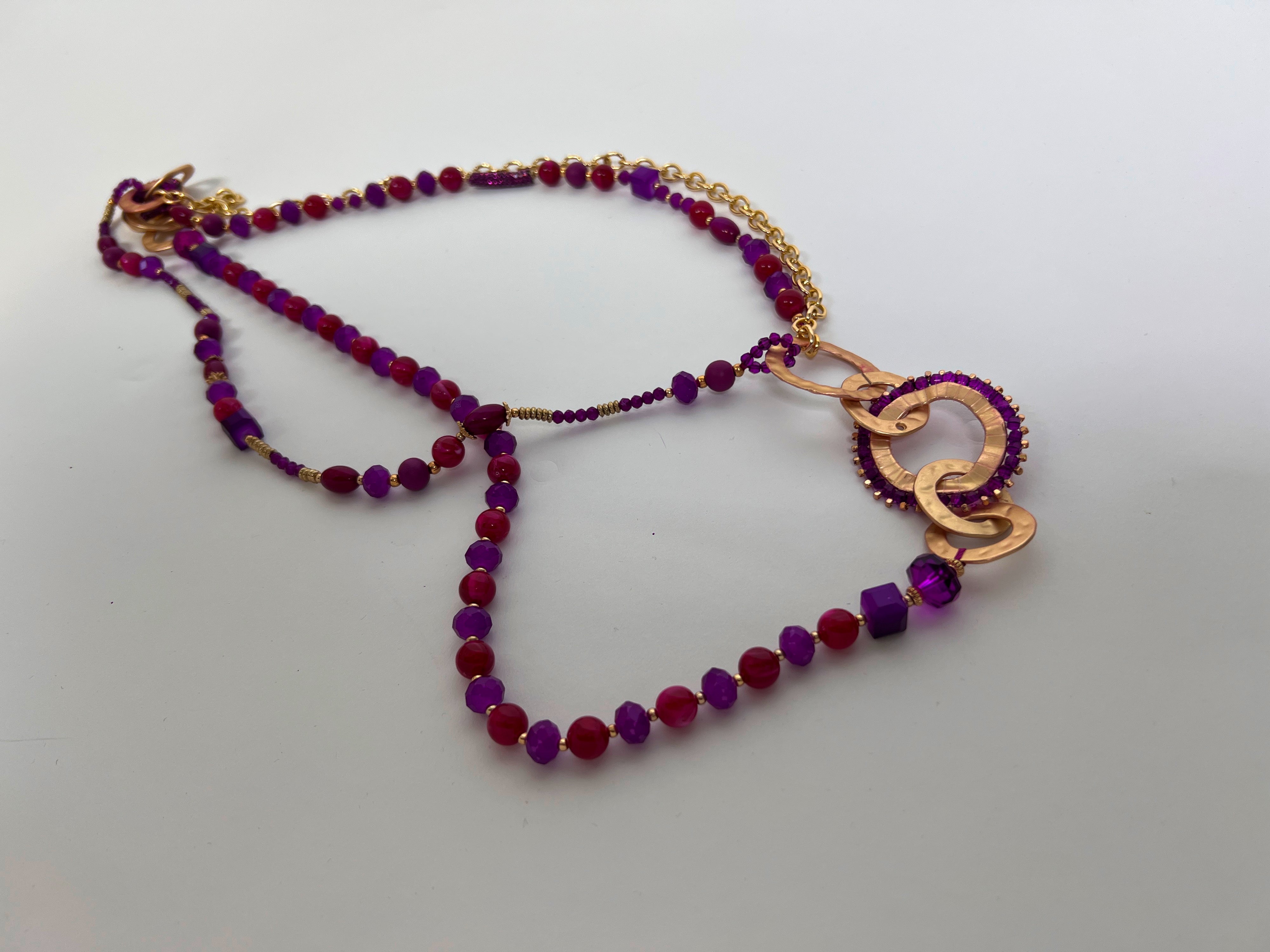 Purple & Red Beaded Necklace with Gold Chain and Interlocking Rings