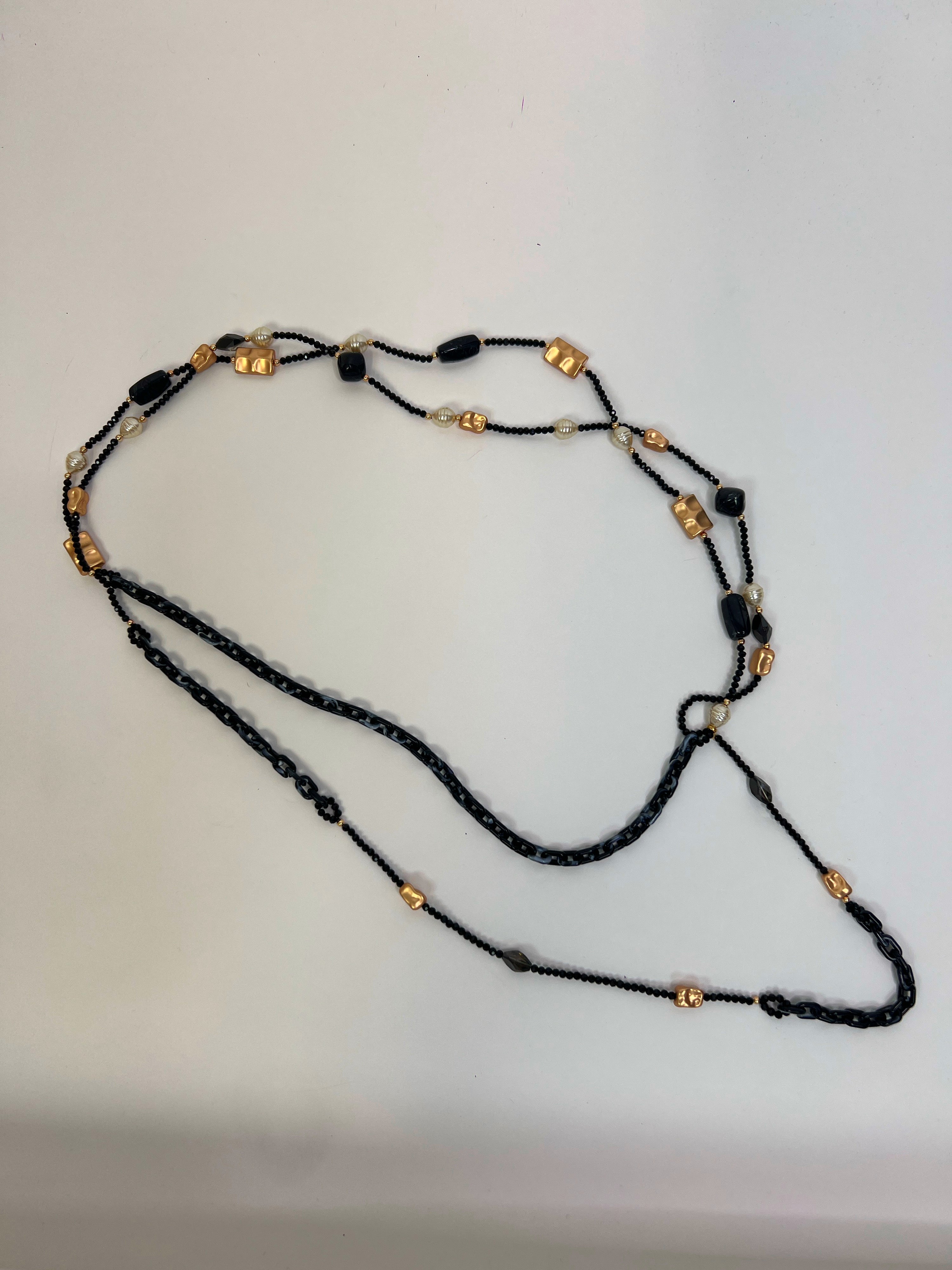 Black and Gold Beaded Long Layered Necklace