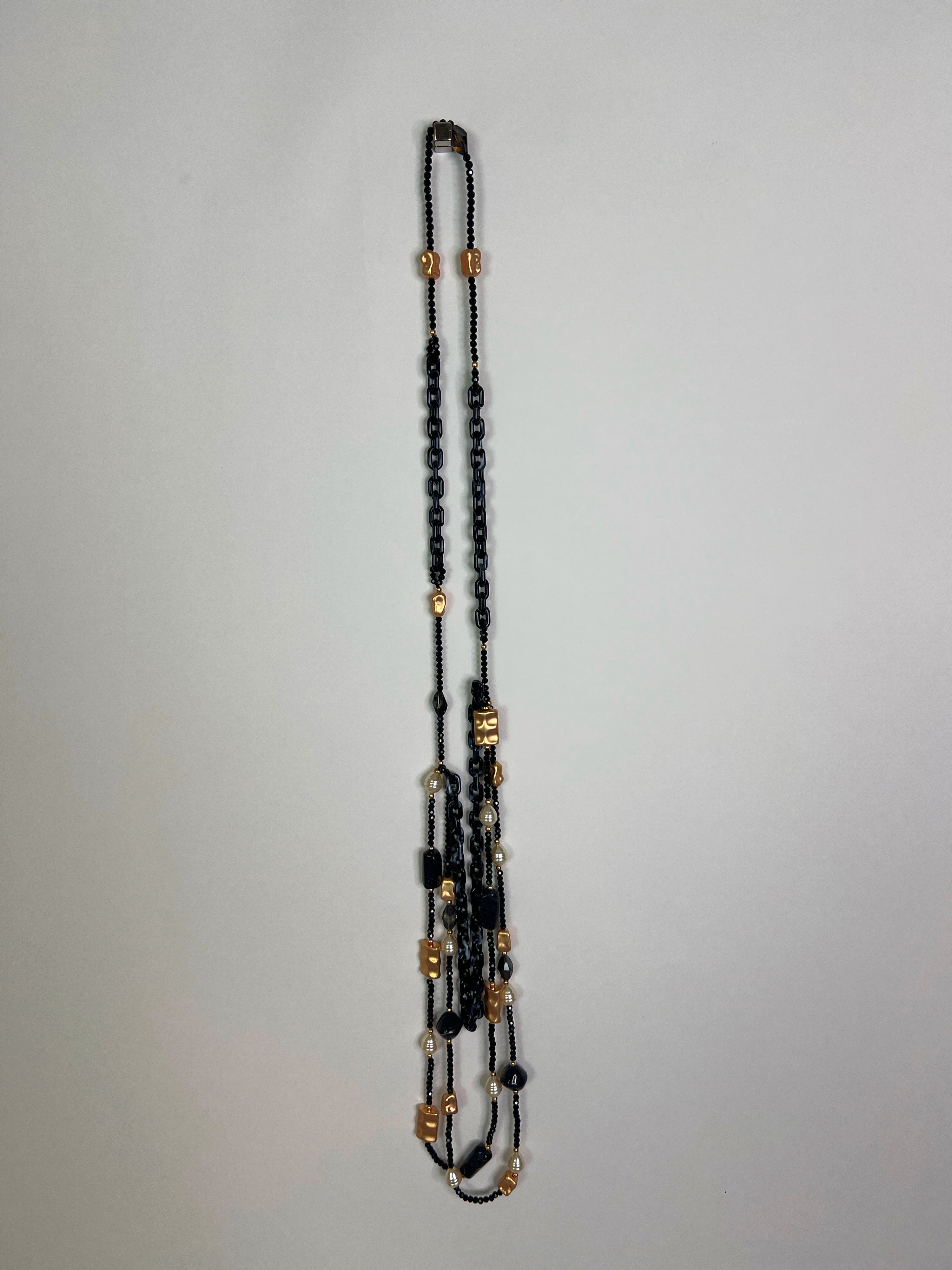 Black and Gold Beaded Long Layered Necklace