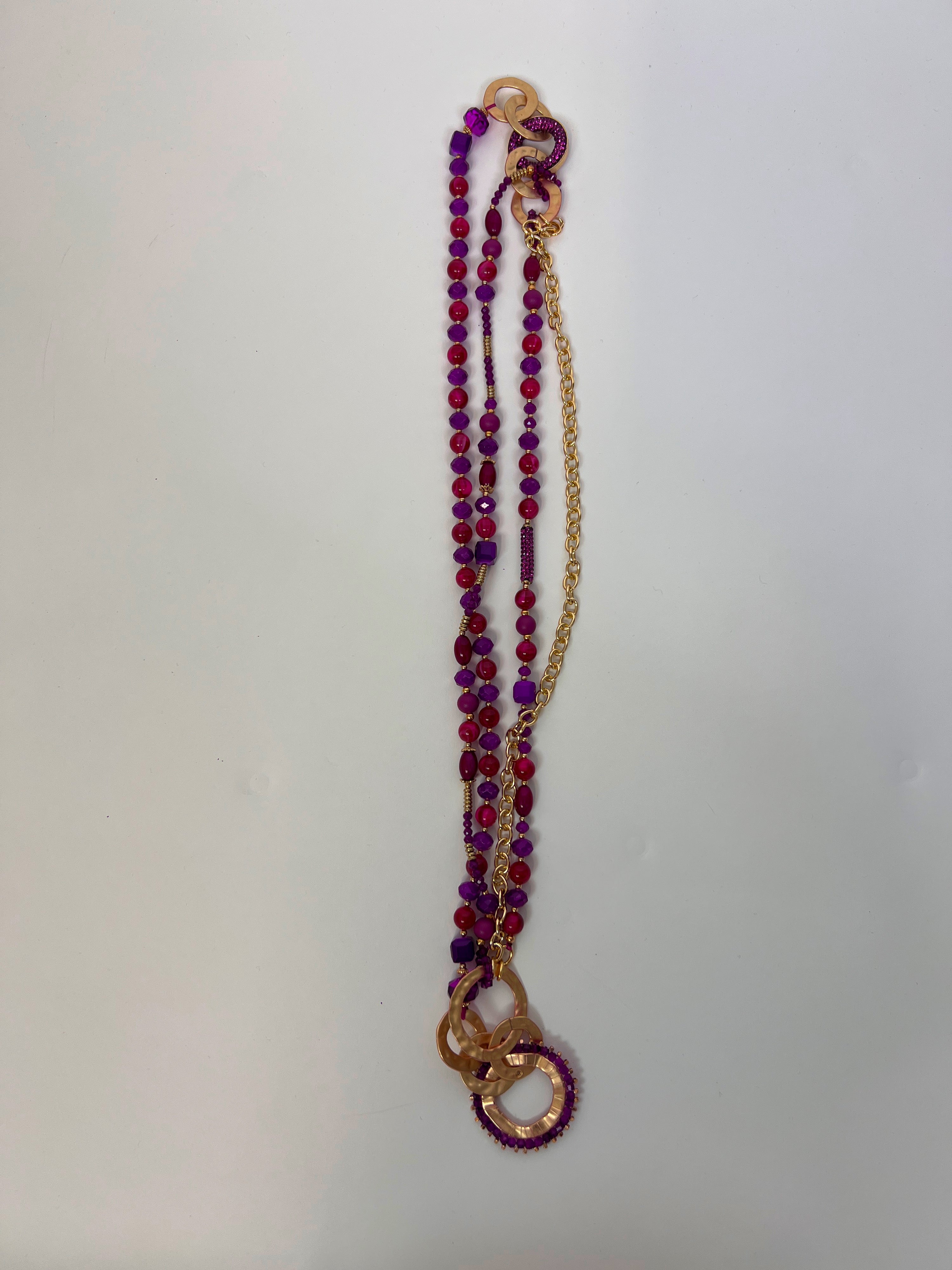 Purple & Red Beaded Necklace with Gold Chain and Interlocking Rings