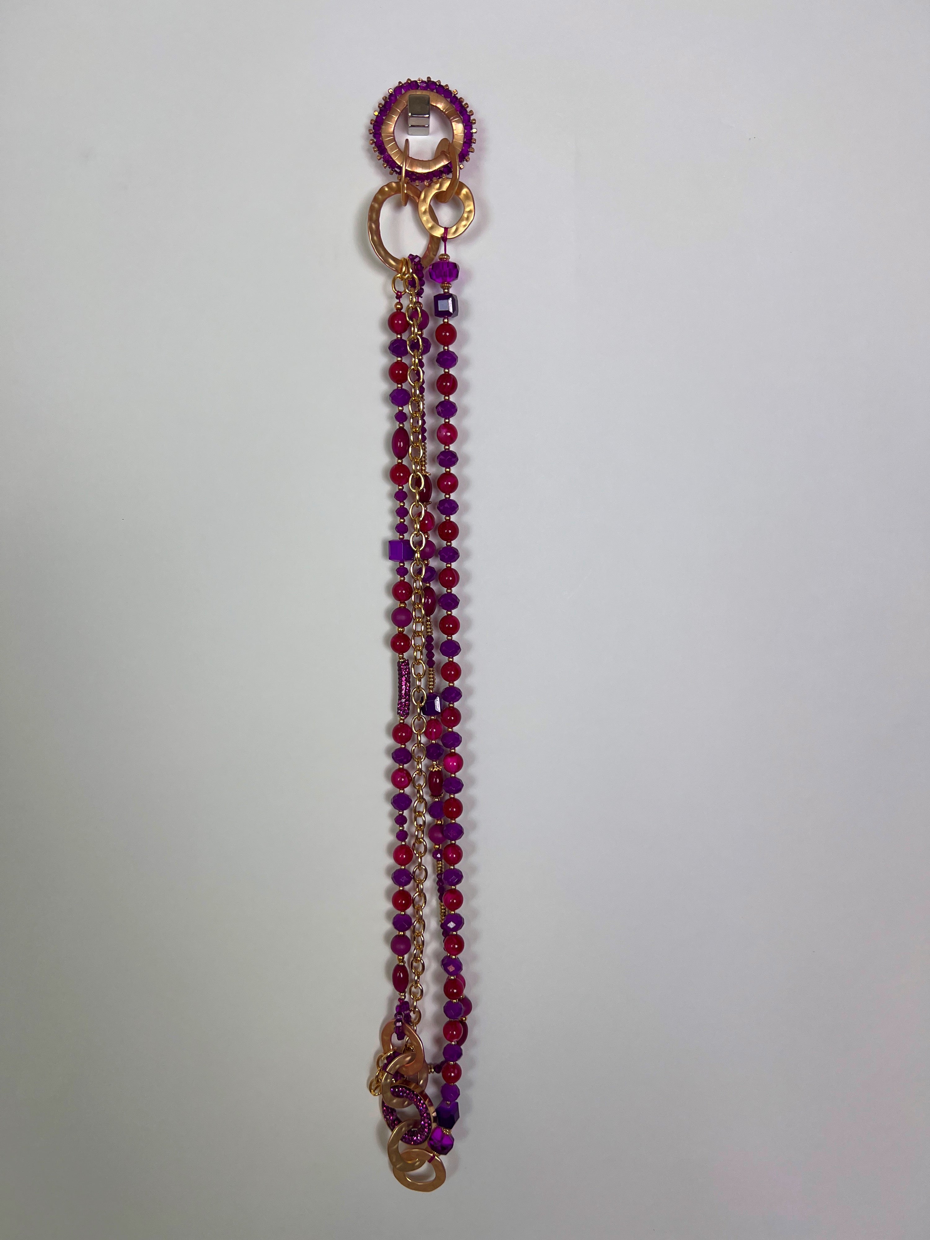 Purple & Red Beaded Necklace with Gold Chain and Interlocking Rings